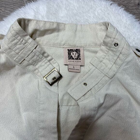 Anne Klein Cream Gold Shimmer Button Down Tunic Dress Shirt Size Large - Picture 3 of 11